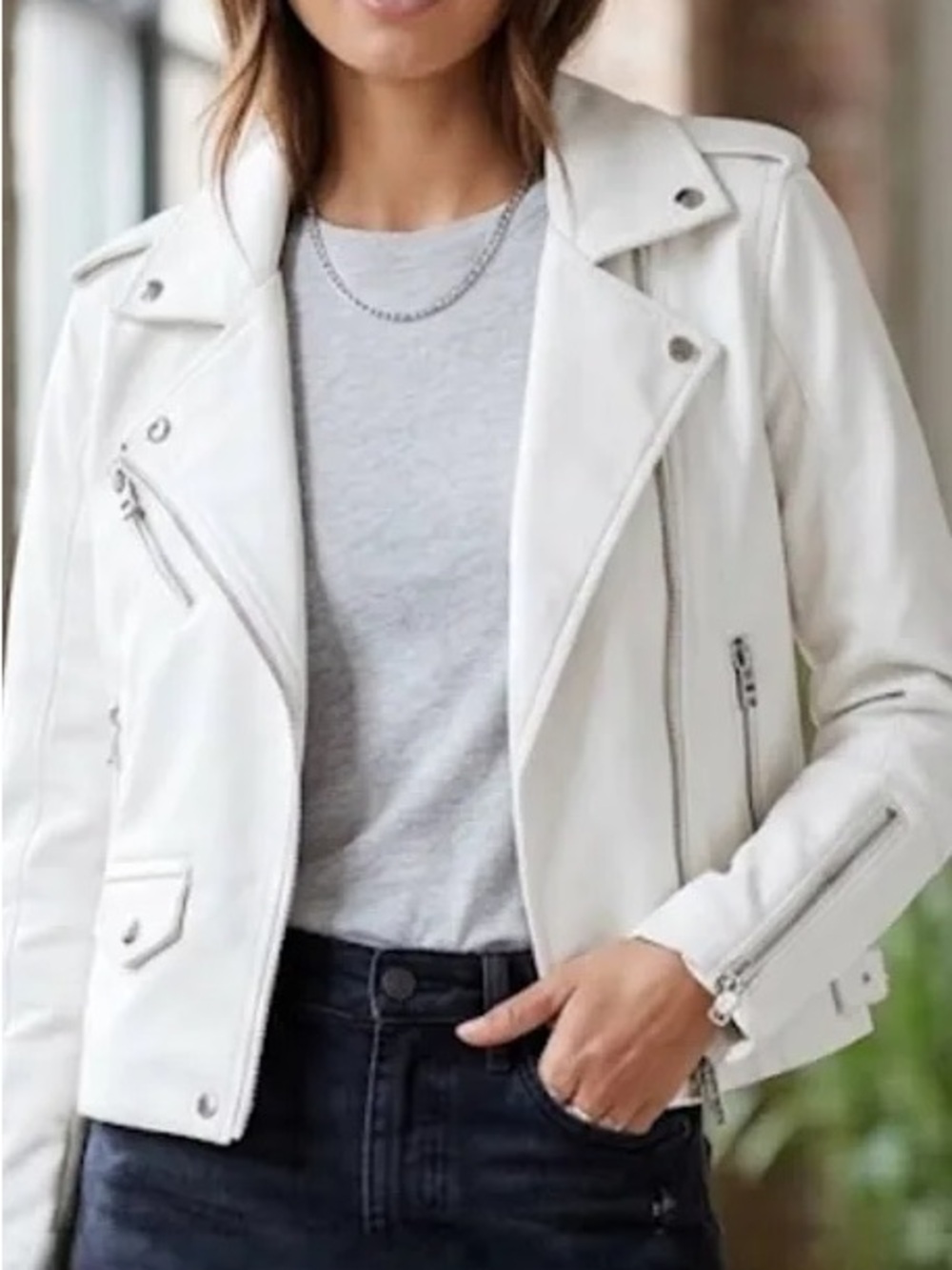 Blank NYC White Leather Moto Jacket with Silver Hardware